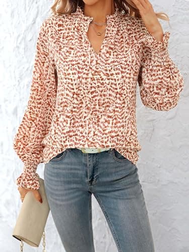MASCOMODA Womens V Neck Floral Long Sleeve Tops 2025 Summer Casual Loose Puff Sleeve Chiffon Boho Work Blouse Dressy T Shirts(Floral Orange,Large) - Image 4