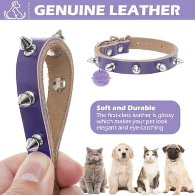 BINGPET Adjustable Leather Spiked Studded Pet Collars,Genuine Leather Dog Collar with Bells,Spiked Cat Puppy Collar,Spikes Soft and Strong Real Leather Made, Adjustable for Small Dogs Puppy Cats - Image 3