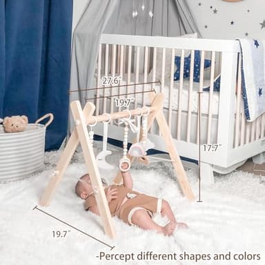 Wooden Baby Gym with 6 Gym Toys, Foldable Baby Play Gym, Natural Pine Wood Play Gym, Frame Activity Center Hanging Bar, Wooden Play Gym - Image 2