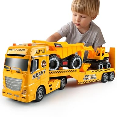 Dwi Dowellin Construction Carrier Truck Kids Toys,25.6" Semi-Trailer Toy with Excavator and Dump Truck,Gifts for Age 3 4 5 6+ Years Old Boys Girls - Image 1
