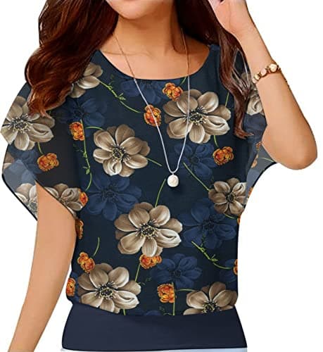 VIISHOW Women Floral Printed Chiffon Blouse Round Neck Short Sleeve Top Shirts, Navy Blue Peony, 3X-Large - Image 1