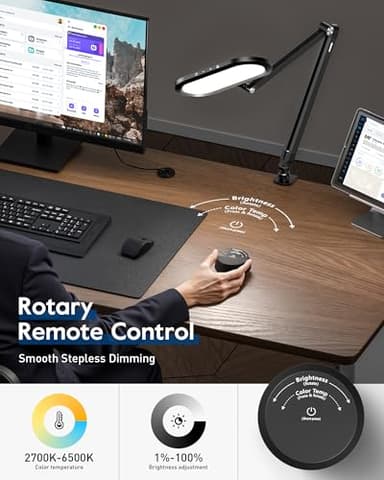 LED Desk Lamp for Home Office, Eye-Care Double-Sided Desk Light with Stepless Dimmable Knob Remote, Memory, Adjustable Arm Clip on Light for Video Recording, Zoom Call, Study, Flicker-Free, Glare-Free - Image 3
