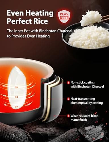 TOSHIBA Rice Cooker Small 3-Cup Uncooked– LCD Display with 8 Cooking Functions: Rice, Oatmeal, Mixed Grains and More, NonStick Inner Pot, Grey - Image 5