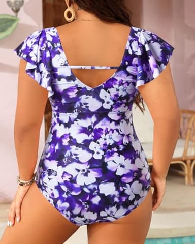 Purple Floral Plus Size One Piece Swimsuit - Women Tummy Control Bathing Suit Ruffle Vintage Swimwear with Sleeves 18W - Image 2