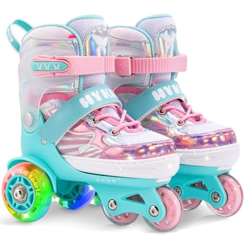 HYKID Toddler Roller Skates 4 Adjustable Sizes Fun Illuminating Safety Three-Point Type Breathable Upper Beginner Roller Skates for Girls Kids Butterfly Small 11-1 - Image 1
