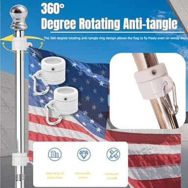 Flag Pole Kit, Upgraded 6 FT Tangle Free Flag Poles with 1 Inch 360° Rotating Rings and 2-Position Holder, Stainless Steel Wall Mounted Flagpoles for Outside House, Outdoor Porch, Residential - Image 2