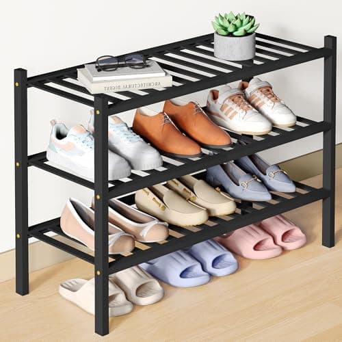 Smiry Bamboo Shoe Rack for Closet, 3 Tier Wooden Stackable Shoe Organizer, Free Standing Shoes Storage Shelf for Entryway, Front Door Entrance, Black - Image 1