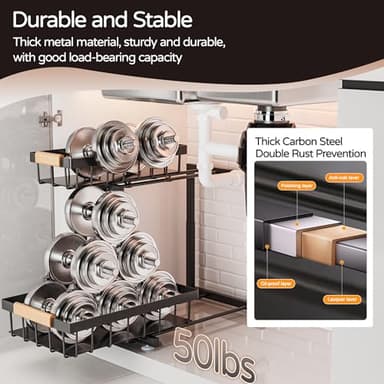 ADBIU Under Sink Organizer, 2 Pack 2 Tier Expandable Height (13.2" - 17.2") Pulling Out Kitchen Bathroom Cabinet Organizers - Image 7