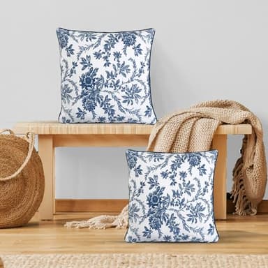 Ridhi Incremental Blue Block Print Cotton Throw Pillow Covers for Decorative Couch Pillows for Living Room, Chic Boho Cute Outdoor Thanksgiving Pillows Covers Gifts 18x18 Inches - Image 2