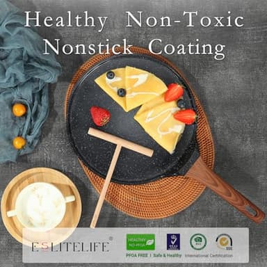 ESLITE LIFE 9.5 Inch Crepe Pan with Spreader, Nonstick Ceramic Flat Skillet Dosa Tawa Comales Para Tortillas Pancake Pan, PTFE & PFOA Free, Black - Image 5