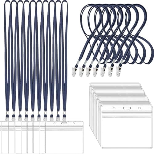 100Pcs Clear Plastic Horizontal Name Tags Badge ID Card Holders and 100Pcs Lanyards with Clip (Navy Blue) - Image 1
