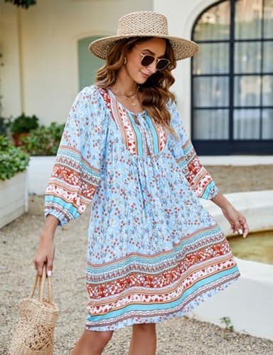 Bluetime Women Casual Summer Dress Boho V Neck 3/4 Sleeve Babydoll Floral Print Flowy Beach Dress (S, Light Blue) - Image 2