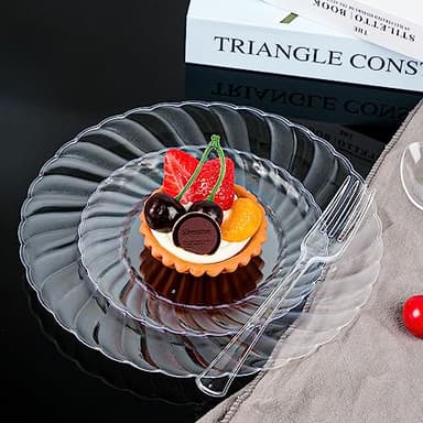 FOCUSLINE 100 Count 6 Inch Clear Plastic Plates, Disposable Heavy Duty Salad Dessert Plates- Premium Hard Plastic Plate Fancy Disposable Clear Plate for Weddings, Parties and Events - Image 2