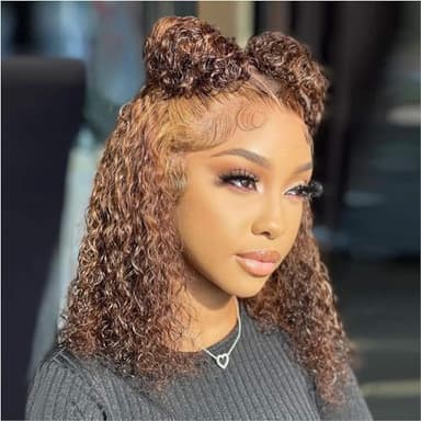 HIRIREMY Curly Bob Wig Human Hair Deep Wave 13x4 HD Lace Front Wigs For Black Women Human Hair Pre Plucked Wear And Go Glueless Short Wet And Wavy Ombre Honey Blonde Highlight Color 4/27 14 Inch - Image 1