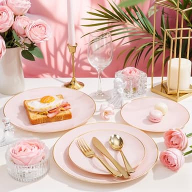 Nervure 100Pieces Pink and Gold Plastic Plates - 7.5inch Disposable Pink Salad/Dessert Plates - Heavy Duty Plastic Plate Ideal for Wedding & Party - Image 4