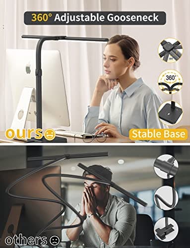 AKRRYR LED Desk Lamp for Home Office, Double Head 24W with Base, Architect Light 5 Lighting Brightness Flexible Gooseneck Table Reading Study, Black - Image 7