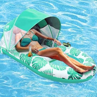 Pool Lounge Float with Canopy UPF50+,Extra Large Pool Floats for Adults Heavy Duty,Inflatable Lounger Float with Cup Holder & Backrest,Footrest - Image 3