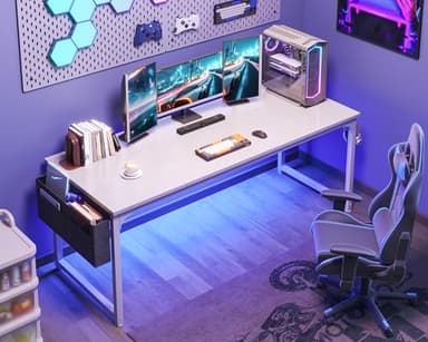 ODK Computer Desk Large Office Desk, 63 Inch Gaming Desk with Storage, Modern PC Work Table with Headphone Hook for Home Office, Splice Board, White + White Leg - Image 8