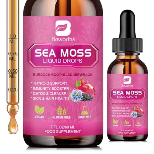 B BEWORTHS Sea Moss Liquid Drops - Organic Black Seed Oil Irish Sea Moss Gel with Burdock Root, Bladderwrack, Elderberry, Vitamin C, D3, 6X Stronger Seamoss Gel for Digestive, Hair Health - Vegan - Image 1