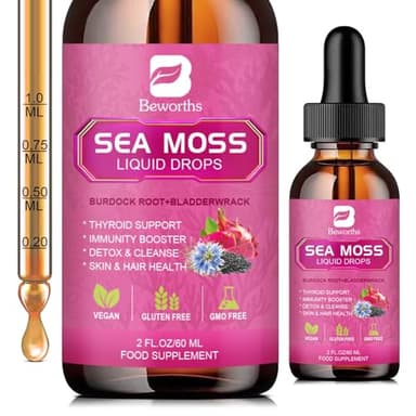 B BEWORTHS Sea Moss Liquid Drops - Organic Black Seed Oil Irish Sea Moss Gel with Burdock Root, Bladderwrack, Elderberry, Vitamin C, D3, 6X Stronger Seamoss Gel for Digestive, Hair Health - Vegan - Image 1
