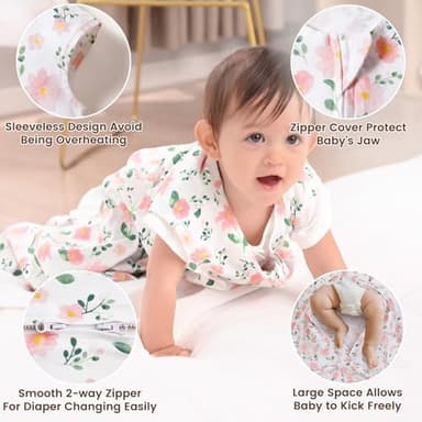 PHF Soft Baby Sleep Sack 0-6 Months 100% Organic Cotton Wearable Blanket, 2-Way Zipper 0.5 TOG Toddler Sleeping Sack 3 Pack, Comfy Sleep Bag for Baby Girls, Pink Floral (Small) - Image 3