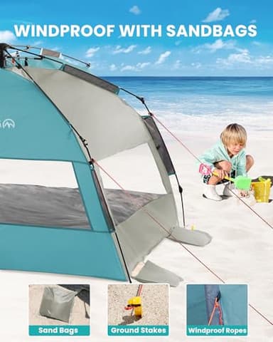 OutdoorMaster Beach Tent Sun Shelter for 3-4 Person, Pop Up Beach Tent Easy Setup with Sandbags, Portable Sun Shade Canopy with Carrying Bag for Beach & Outdoor, UPF50+ UV Protection - Cancun Seashore - Image 7