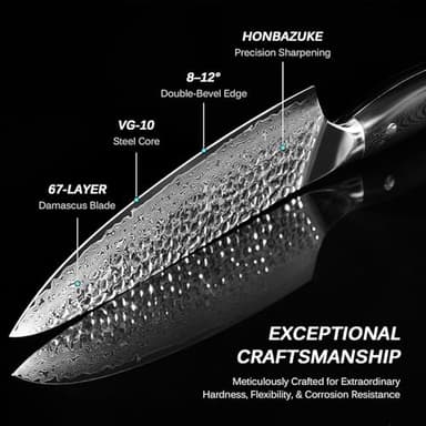 KYOKU Chef Knife - 8"- Shogun Series Japanese VG10 Steel Core Hammered Damascus Blade Kitchen Knife - with Sheath & Case - Image 3