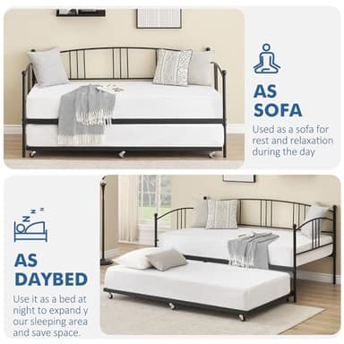 IDEALHOUSE Daybed with Trundle, Metal Twin Size Day Bed, Trundle Bed Twin with Heavy Duty Steel Slats Platform for Living Room, Bedroom and Guest Room, Black - Image 5