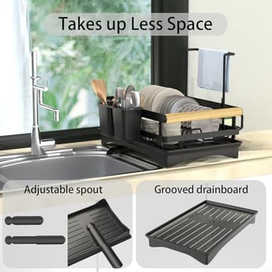 Yawinhe Dish Racks for Kitchen Counter, Space-Saving Drainers with Removable Utensil Holder, Drainboard and Spout, for Knives, Spoons, and Forks, Black - Image 4