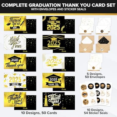 Decorably 50 Pack Gold-Foiled 6x4in Graduation Thank You Cards 2025 with Envelopes and Stickers, 10 Elegant Designs Folded College Graduation Thank You Cards, Blank Inside - Image 2