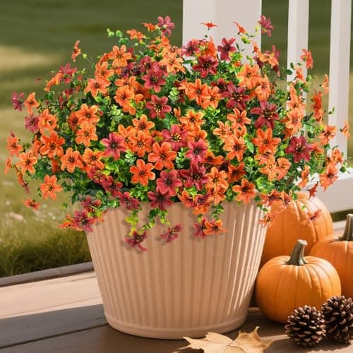 Artificial Mums Fake Fall Flowers for Outdoors Decoration, 12 Bundles Realistic Autumn Silk Daisy Faux Plants UV Resistant Decor for Home Garden Porch Patio Yard Balcony Window (Orange Brown) - Image 1