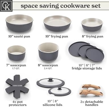 Country Kitchen Cookware Set with Removable Handle, Oven & RV Safe Pots and Pans Set, Grey/Ivory Wood Handle, Original - Image 3