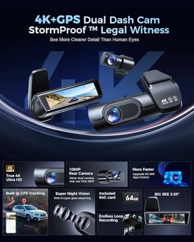 OVAMAN K600 4k Dash Cam Front and Rear, 3.59" IPS Screen, Built-in GPS 5G WiFi Dash Camera for Cars with App, UHD 2160P Night Vision Free 64G SD Card, 170° Wide Angle, HDR, 24H Parking Mode - Image 2