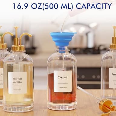 16.9 oz (500 ml) Coffee Syrup Dispenser Set- 4 Glass Bottles with Gold Pumper and Syrup Labels - Precise Dispensing and Stylish Addition to Coffee Shop, Cafe or Home Bar - Image 2