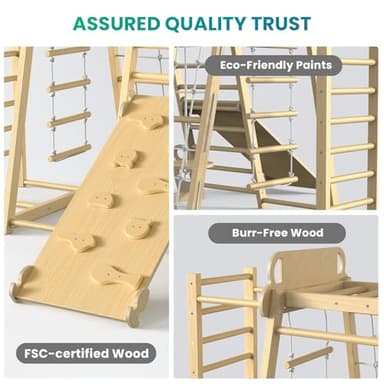 Upgraded Indoor Jungle Gym 9-in-1 Playground Kids Climbing Toys, Montessori Philosophy Waldorf Style Wooden Climber Playset with Slide, Swing, Monkey Bars, Upright/Rope Ladder, Climb Net, Natural Wood - Image 4