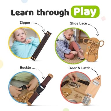 Montessori Busy Board for Toddlers, Premium Wooden Toddler Busy Board for 1 2 3 Year Old with 10 Educational Activities for Fine Motor Skills, Sensory Activity Toy for Travel, Gift for Boys & Girls - Image 5
