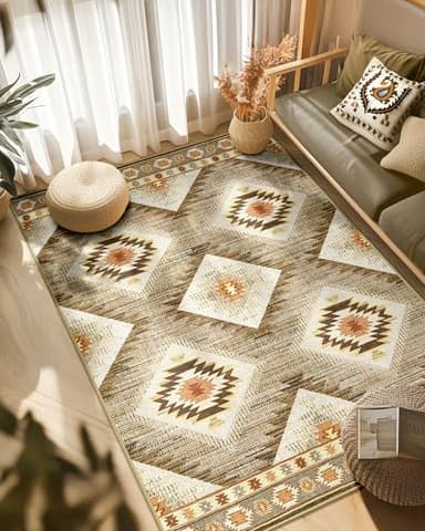 Area Rug 6x9 Rug Machine Washable Non-Slip Low Pile Print Pattern Western Rug for Living Room Bedroom Entryway Tribal Series -Cream/Camel - Image 7