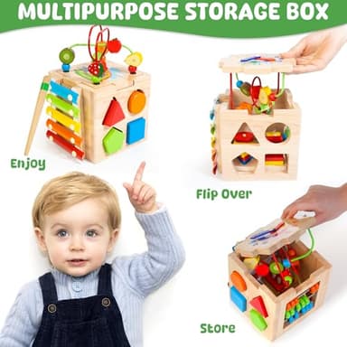 Batlofty Wooden Activity Cube, 8-in-1 Montessori Toys for 1 2 Year Old Girl Boy Toddler| Sensory Educational Learning Toys 12-18 Months | 1st Birthday Gifts, Bead Maze | Bonus Sorting & Stacking Board - Image 5