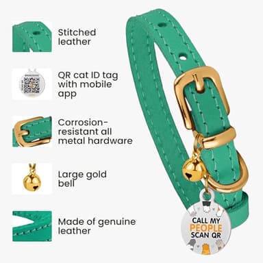 BRONZEDOG Leather Cat Collar with Removable Bells Non Breakaway Kitten QR Tag for Girl Boy (7" - 9" for Cats, Green & Gold) - Image 2