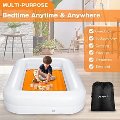 USHMA Toddler Travel Bed [4-Side] | Reversible 2 Colors Kids Air Mattress | Inflatable Toddler Bed | Portable Kids Blow Up Travel Bed with Sides, Orange & Aquamarine - Image 5