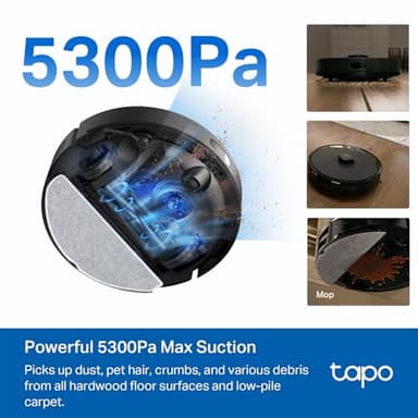Tapo Ultra-Slim LiDAR Smart Navigation Robot Vacuum and Mop with Self-Emptying Dock, 5300Pa Max, 97%+ Dust Pickup Rate, Self-Charging, Compatible with Alexa & Google Home, RV20 Max Plus - Image 3