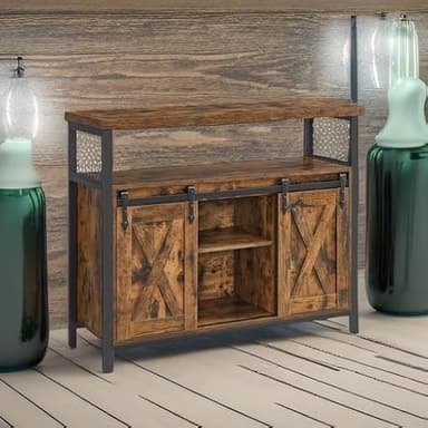 VASAGLE Buffet Cabinet, Coffee Bar Storage Cabinet, Sideboard with 2 Sliding Barn Doors, Adjustable Shelves, 13 x 39.4 x 31.5 Inches, for Living Room, Rustic Brown and Ink Black ULSC092B01 - Image 2