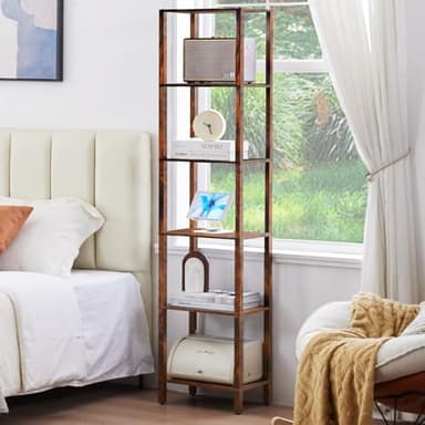 YUFAM 66in Tall Bookshelf 6-Tier Small Narrow Bookcase, Skinny Book Shelf for Small Space, Farmhouse Slim Shelf with Storage, Wood Freestanding Display Thin Bookshelves for Living Room, Office, Brown - Image 7