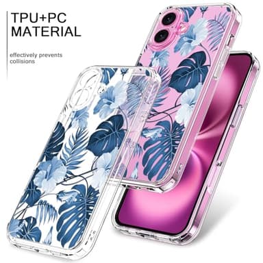 bicol for iPhone 16 Plus Case with Screen Protector, Enhanced Camera Protection, Crystal Acrylic Clear with Fashionable Pattern Designs for Girls Women, Slim Fit Protective Phone Cover, Blue Leaves - Image 3