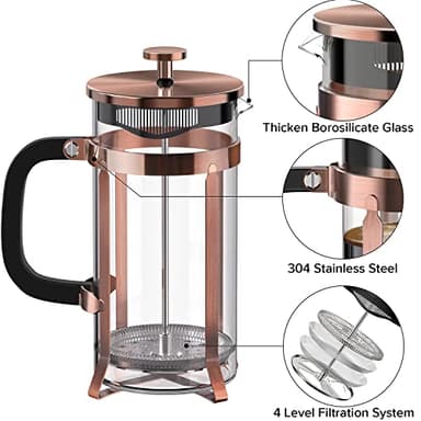 QUQIYSO Coffee Maker 304 Stainless Steel French Press with 4 Filter, Heat Resistant Durable, Easy to Clean, Borosilicate Glass Coffee Press, 100% BPA Free Teapot, 21 ounce, copper - Image 7