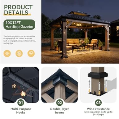 Aoxun 10' x 12' Outdoor Wood Gazebo, Hardtop Gazebo Permanent Wooden Pavilion with Galvanized Steel Double Roof, for Patio, Garden, Deck, Cedar Wood - Image 4