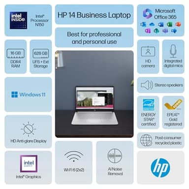 HP 14 Laptop Computer 2025 Ultra Light, AI Copilot Student Business, Quad-Core Intel, 16GB RAM, 628GB Storage (128GB UFS+ 500GB Ext), 1 Yr Office 365, 12 Hr Battery MarxsolAccessory Win 11S, Silver - Image 2