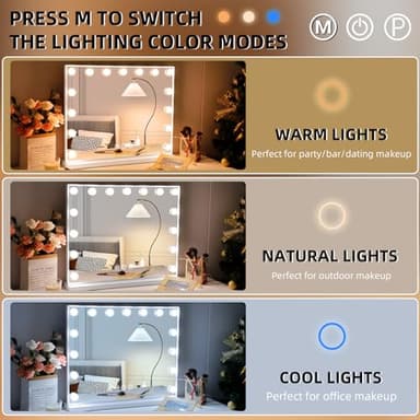 Hansong Vanity Mirror with Lights, 22''x18'' Hollywood Mirror, Makeup Mirror with 15 Dimmable Bulbs, 10X Magnification and USB Charging Port, White - Image 3