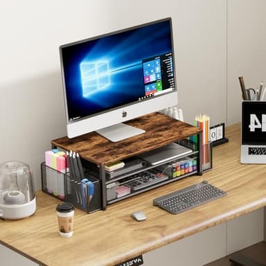 Desk Organizers and Accessories, 2-Tier Computer Monitor Stand Riser with Drawer and 2 Pen Holders, Laptop Stand, Office Desk Accessories for Office Supplies, Brown - Image 6