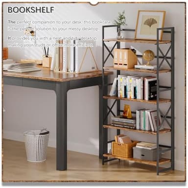 4NM 5 Tiers No Assembly Book Shelves, 51.2" H Folding Bookshelf Bookcase Open Industrial Foldable Shelves for Bedroom, Living Room, Home Office - Rustic Brown Black - Image 3